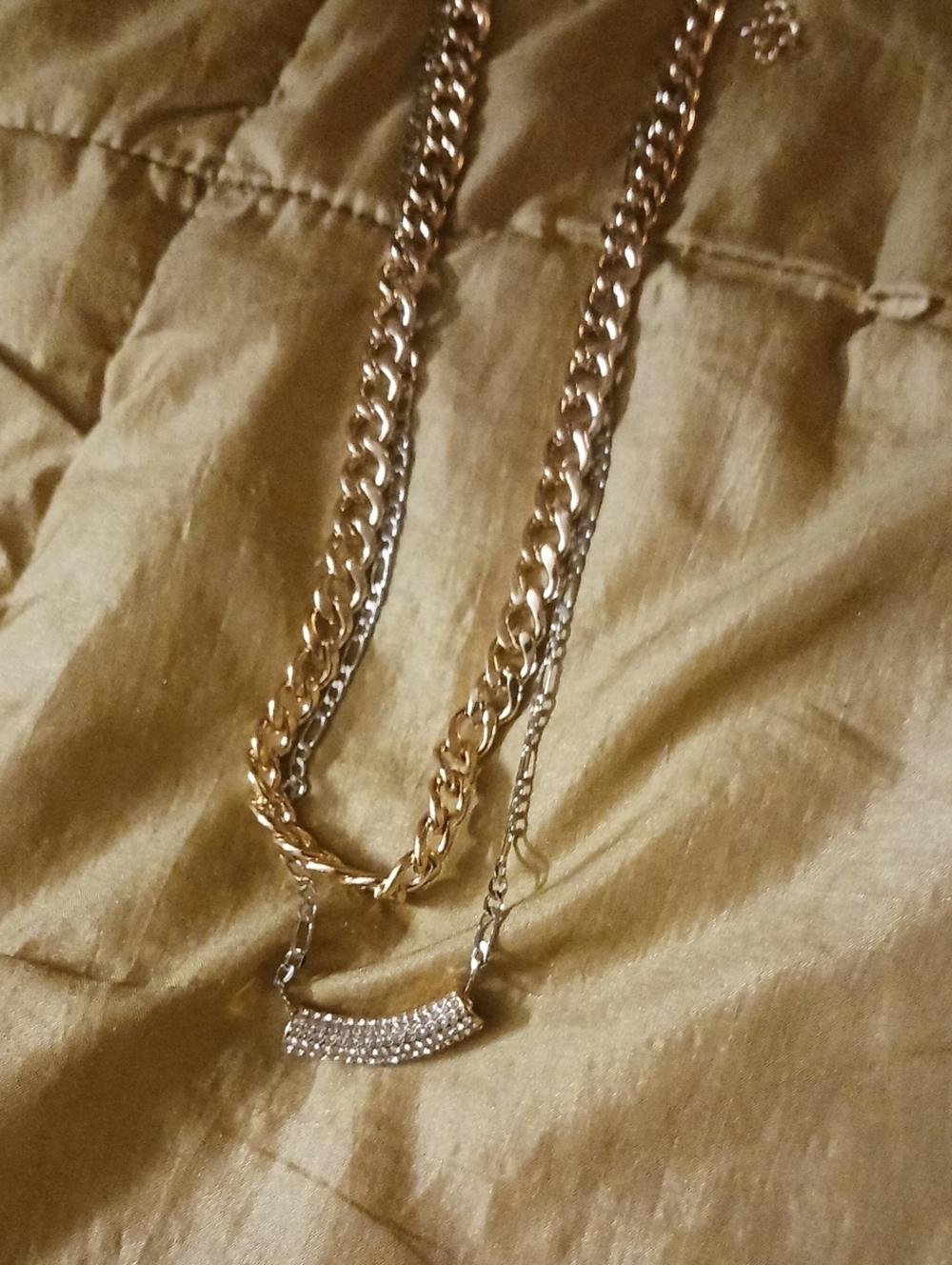 Gold-Tone Layered Chain Necklace with Pave Bar